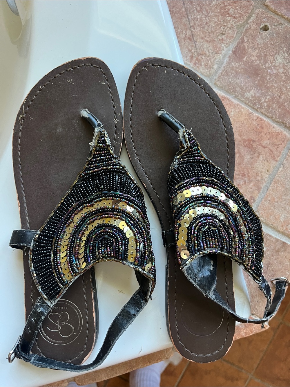 Jessica Simpson Black and Gold Beaded T-Strap Sandals